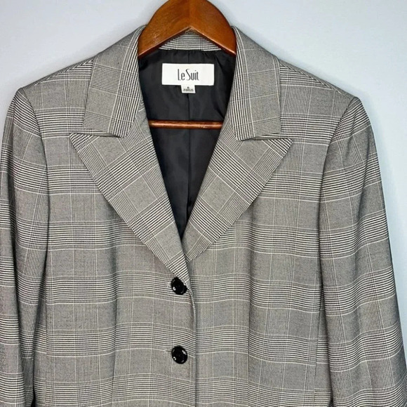 LE SUIT Houndstooth Blazer Black Plaid 3 Button Padded Shoulder Preppy Size 8 - Picture 3 of 10